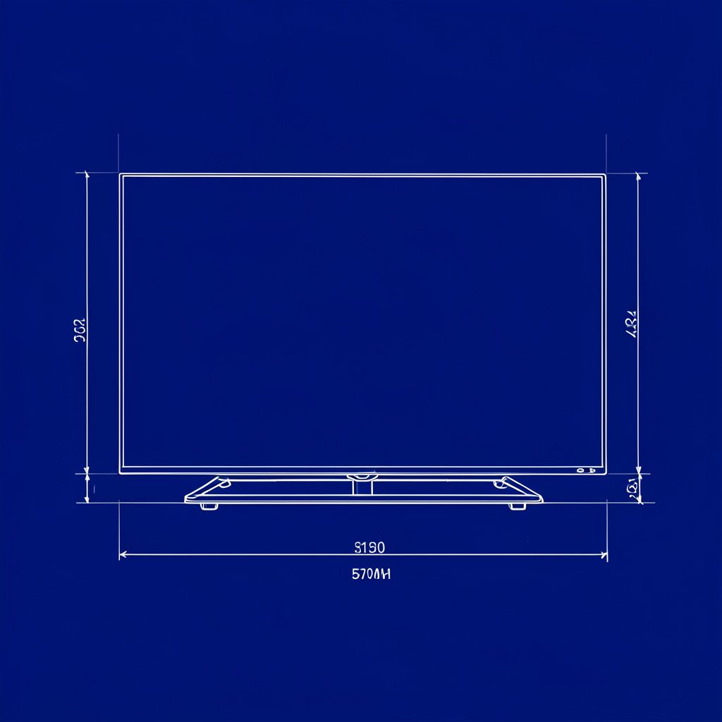 Technical blueprint sketch of a flat-screen television with thin bezel and stand, drawn in navy blue and warm gold tones on a light grey background