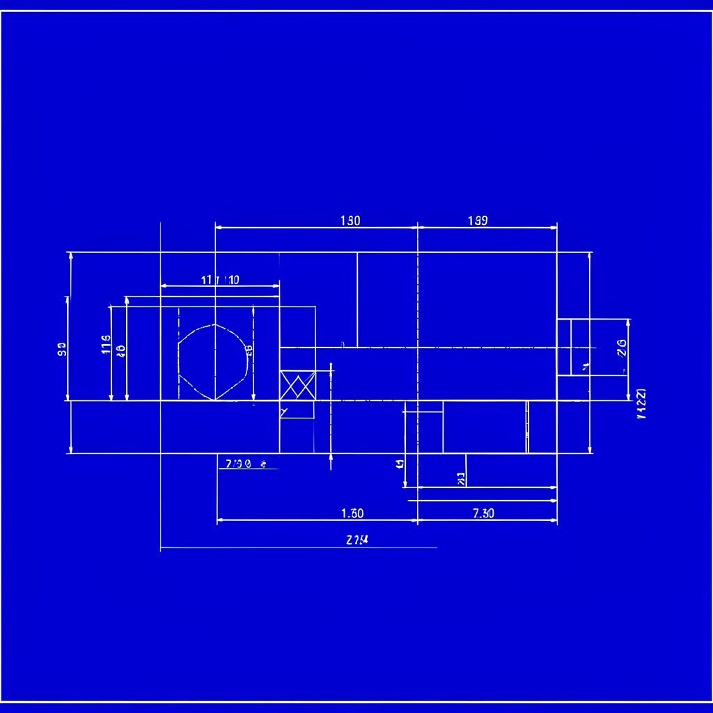 Technical blueprint sketch of an air conditioner wall unit with front grille and side vents, drawn in navy blue and warm gold tones on a white background