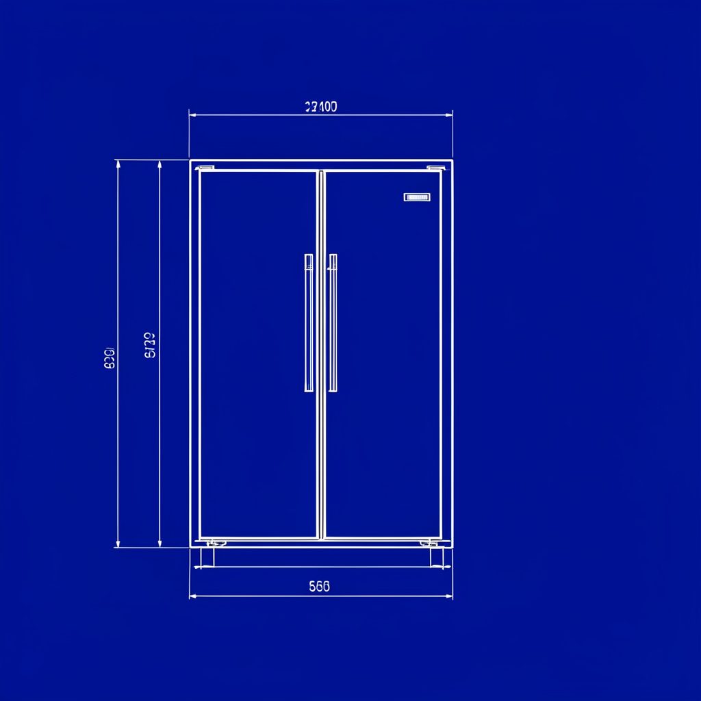Technical blueprint sketch of a hotel room layout showing bed, television cabinet, and minibar fridge arrangement, drawn in navy blue and warm gold tones on a light grey background